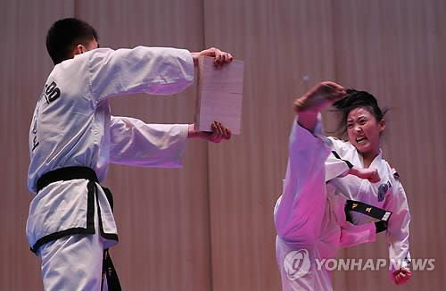 북한 태권도 시범단  10일 오후 강원 속초시 강원진로교육원에서 열린 WT-ITF 태권도시범단 합동공연에서 북한 시범단이 격파하고 있다.